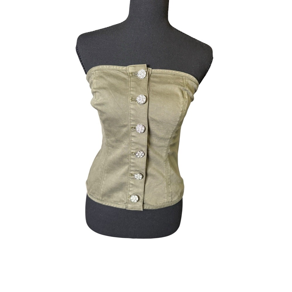 Y2K White House Black Market Twill Bustier Women 0 Olive Rhinestone Button Top